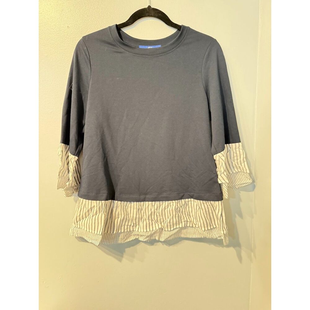 Apt.9 Bell Sleeve Round Neck Black White Ruffle Trim Peplum Blouse Top small